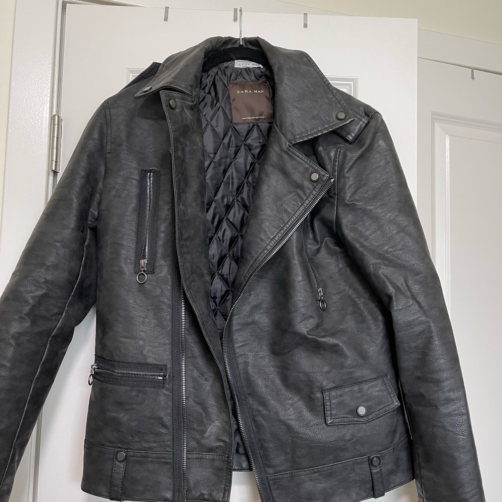 COPY - Zara faux leather black biker jacket with silver zip details